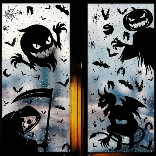 4-in-1 Halloween Window & Door Sticker Set – Removable Ghost, Bat, Skull & Festive Decor
