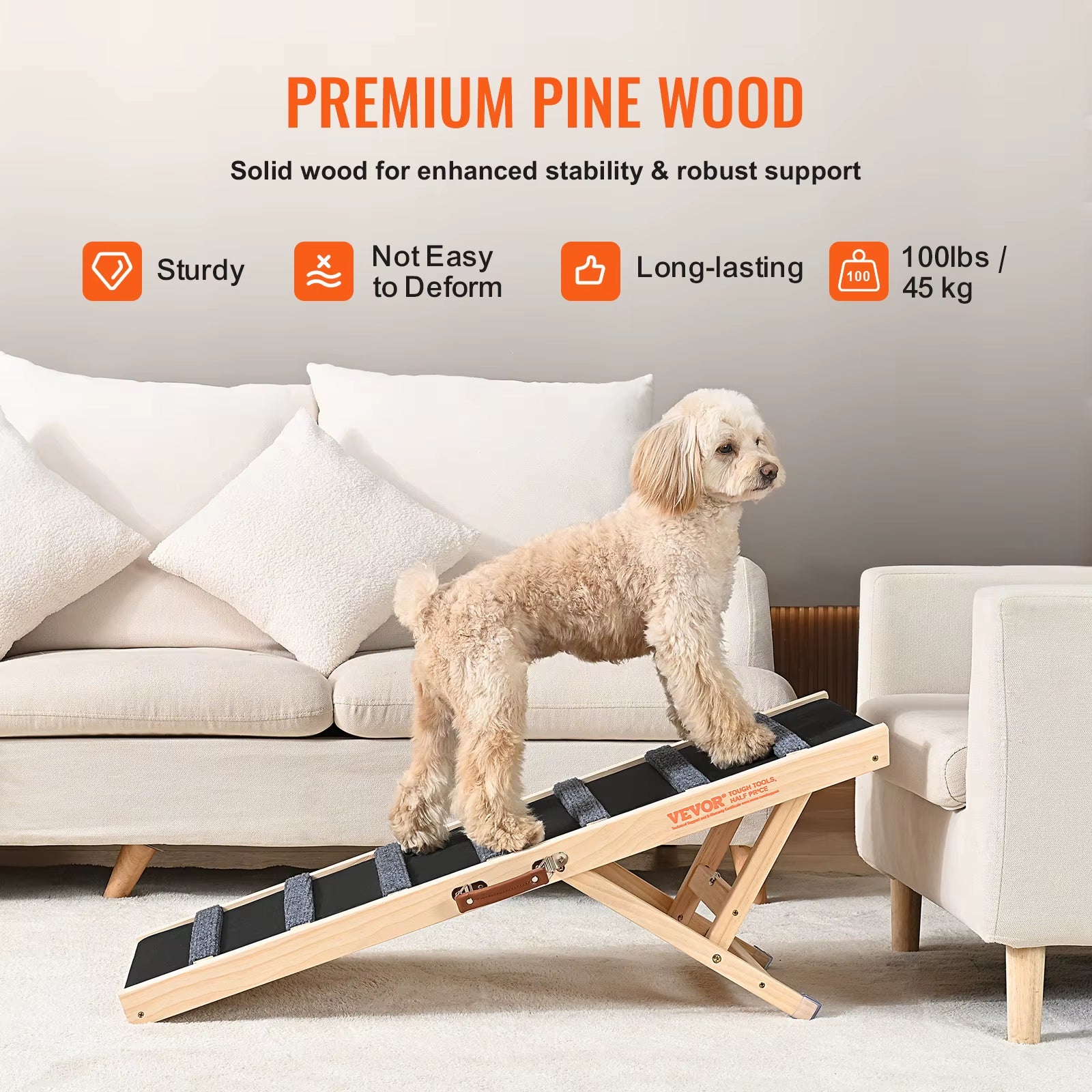 Adjustable Dog Ramp – Folding, Anti-Slip Wooden Ramp for Small & Old Dogs