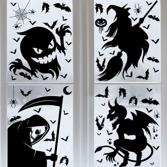 4-in-1 Halloween Window & Door Sticker Set – Removable Ghost, Bat, Skull & Festive Decor