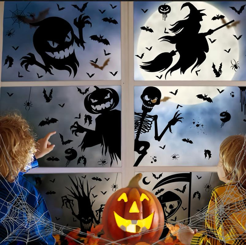 4-in-1 Halloween Window & Door Sticker Set – Removable Ghost, Bat, Skull & Festive Decor